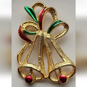 Vintage Elegant Gold Tone and Green Bell Brooch Christmas Theme
